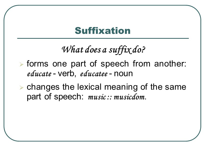 Suffixation What does a suffix do? forms one part of speech from another: educate